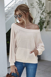 Boat Neck Waffle-knit Lantern Sleeve Blouse with Pocket