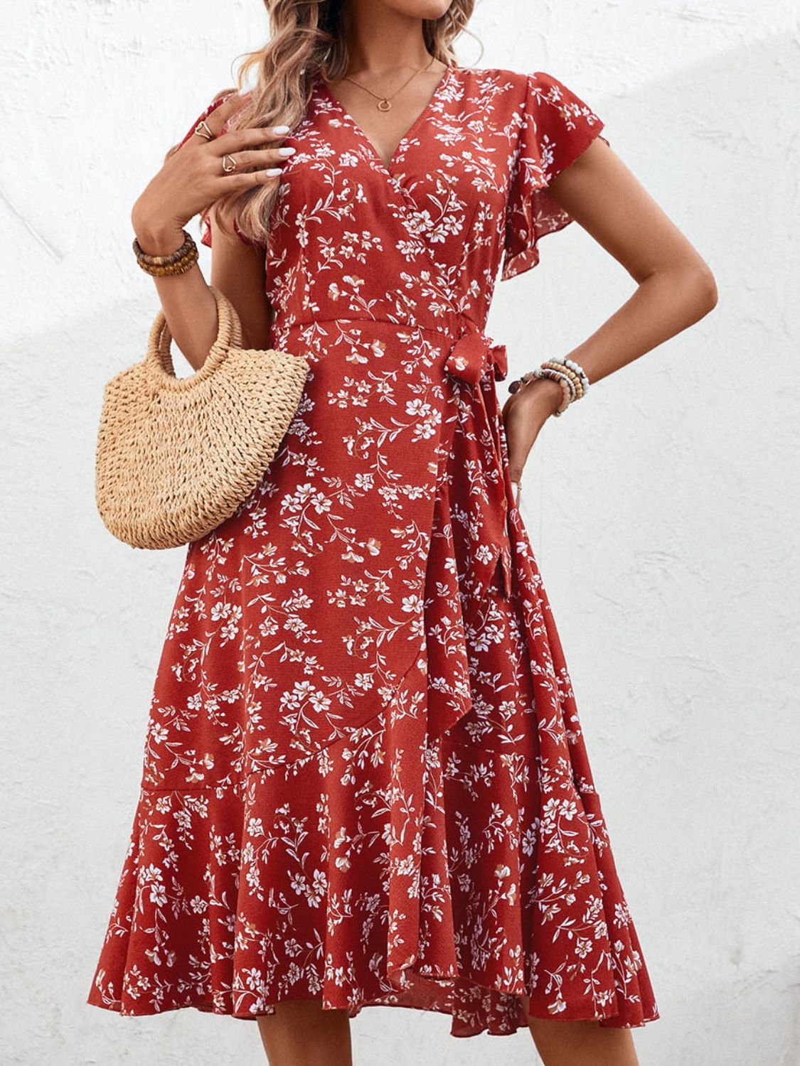 Floral Surplice Neck Flutter Sleeve Dress