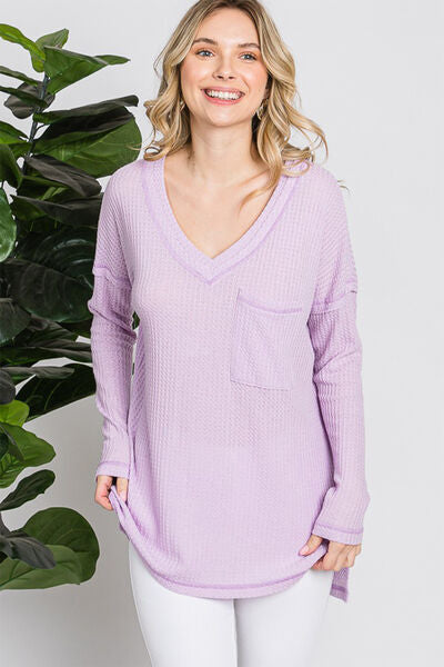 Reborn J Waffle Knit V-Neck Long Sleeve T-Shirt