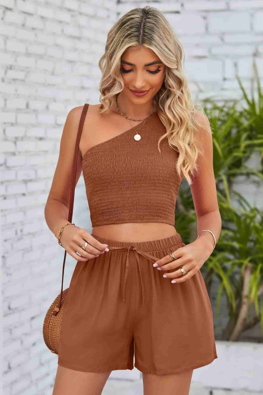 Smocked One-Shoulder Sleeveless Top and Shorts Set