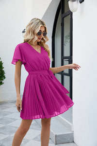 Surplice Neck Tie Waist Flutter Sleeve Pleated Dress