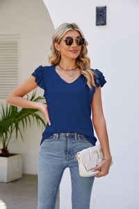 Smocked Flutter Sleeve V-Neck Top