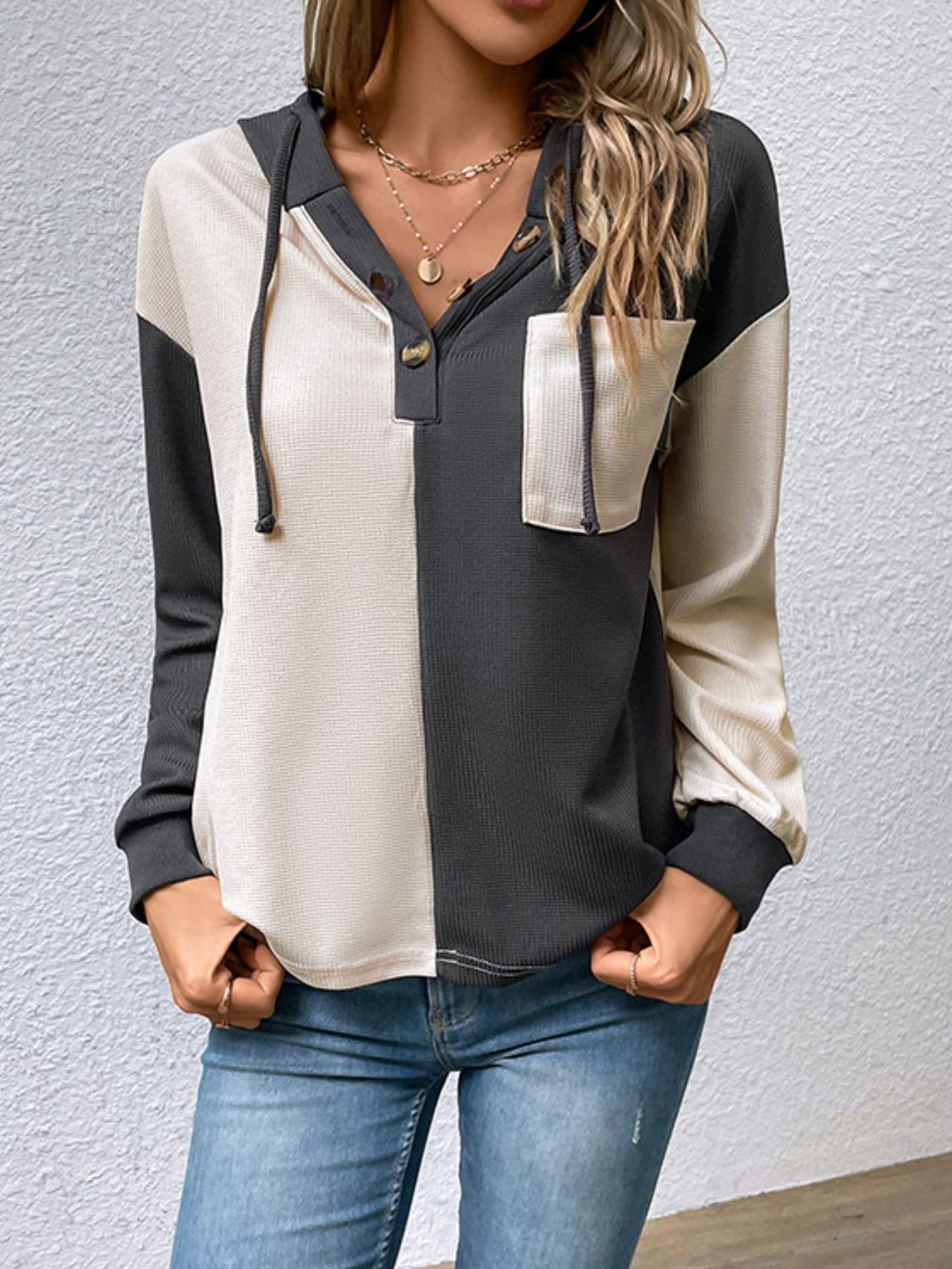 Contrast Color Button-Up Raglan Sleeve Hoodie