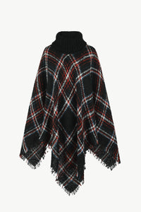 Plaid Turtleneck Fringe Hem Poncho