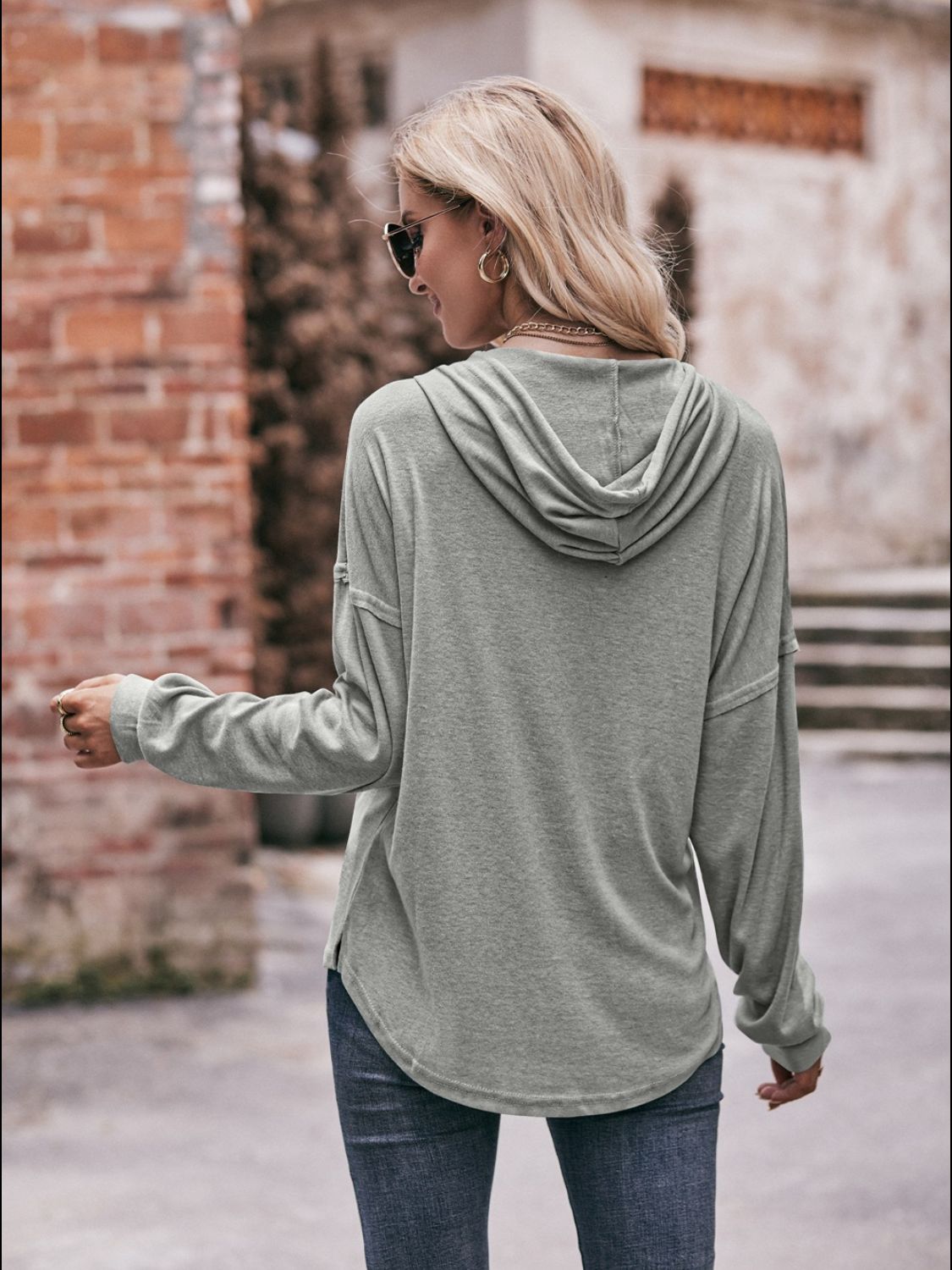 Buttoned Drawstring Dropped Shoulder Hoodie