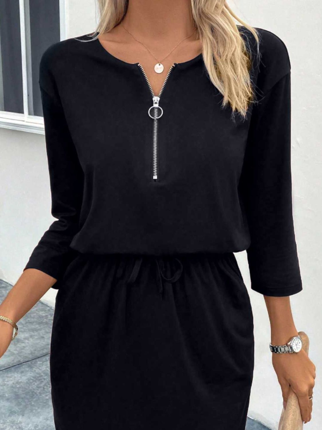 Zip-Up Round Neck Dress