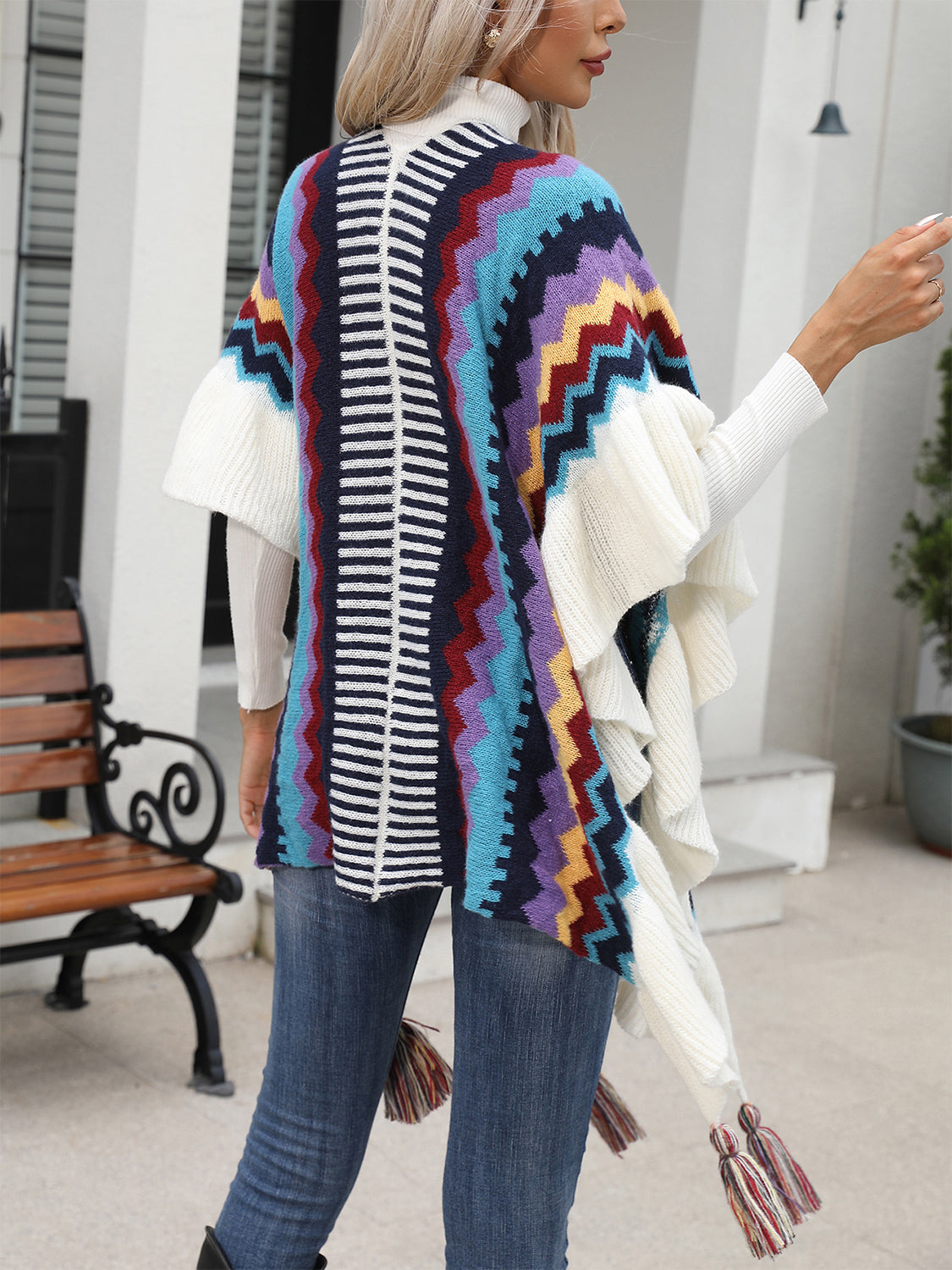 Striped Open Front Poncho with Tassels