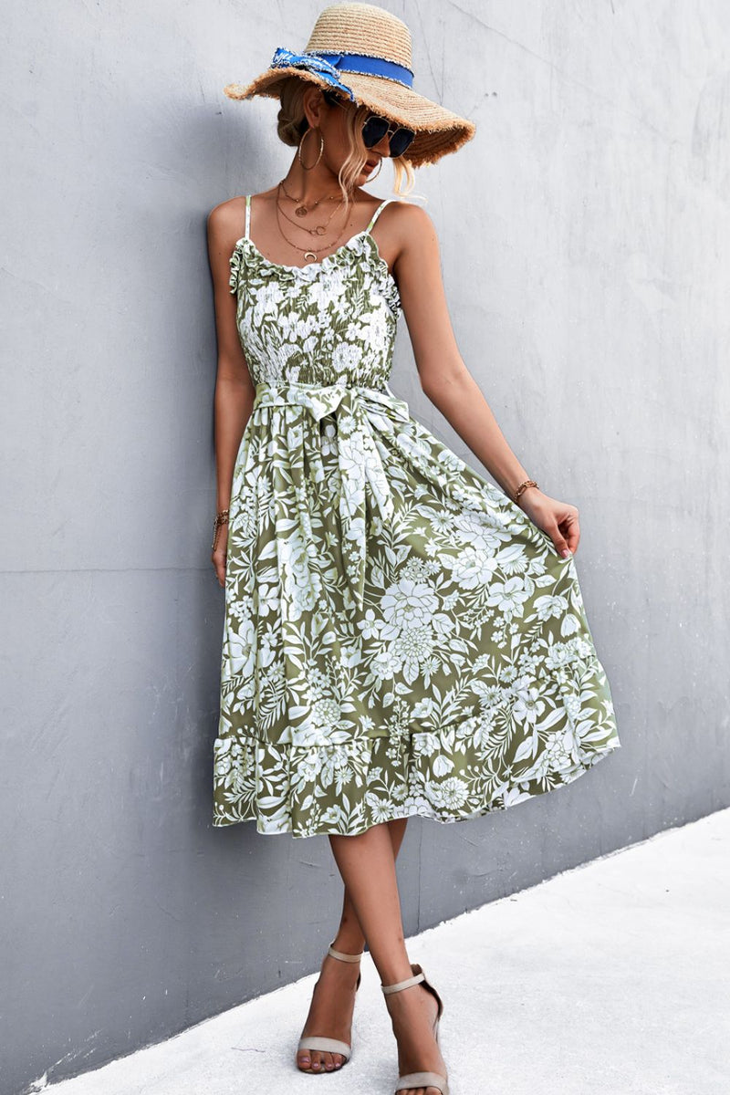 Floral Frill Trim Scoop Neck Spaghetti Strap Dress