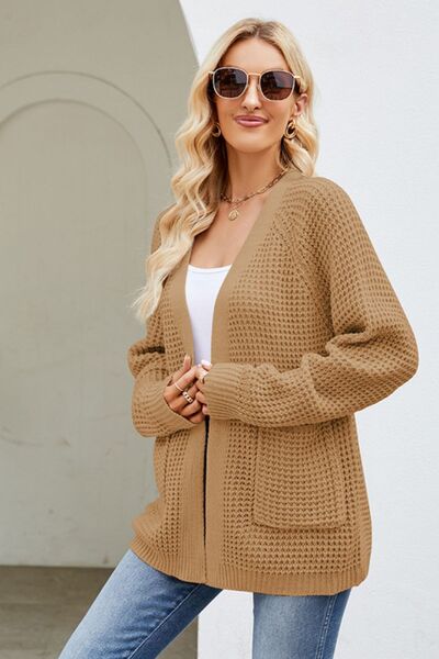 Open Front Raglan Sleeve Pocketed Cardigan