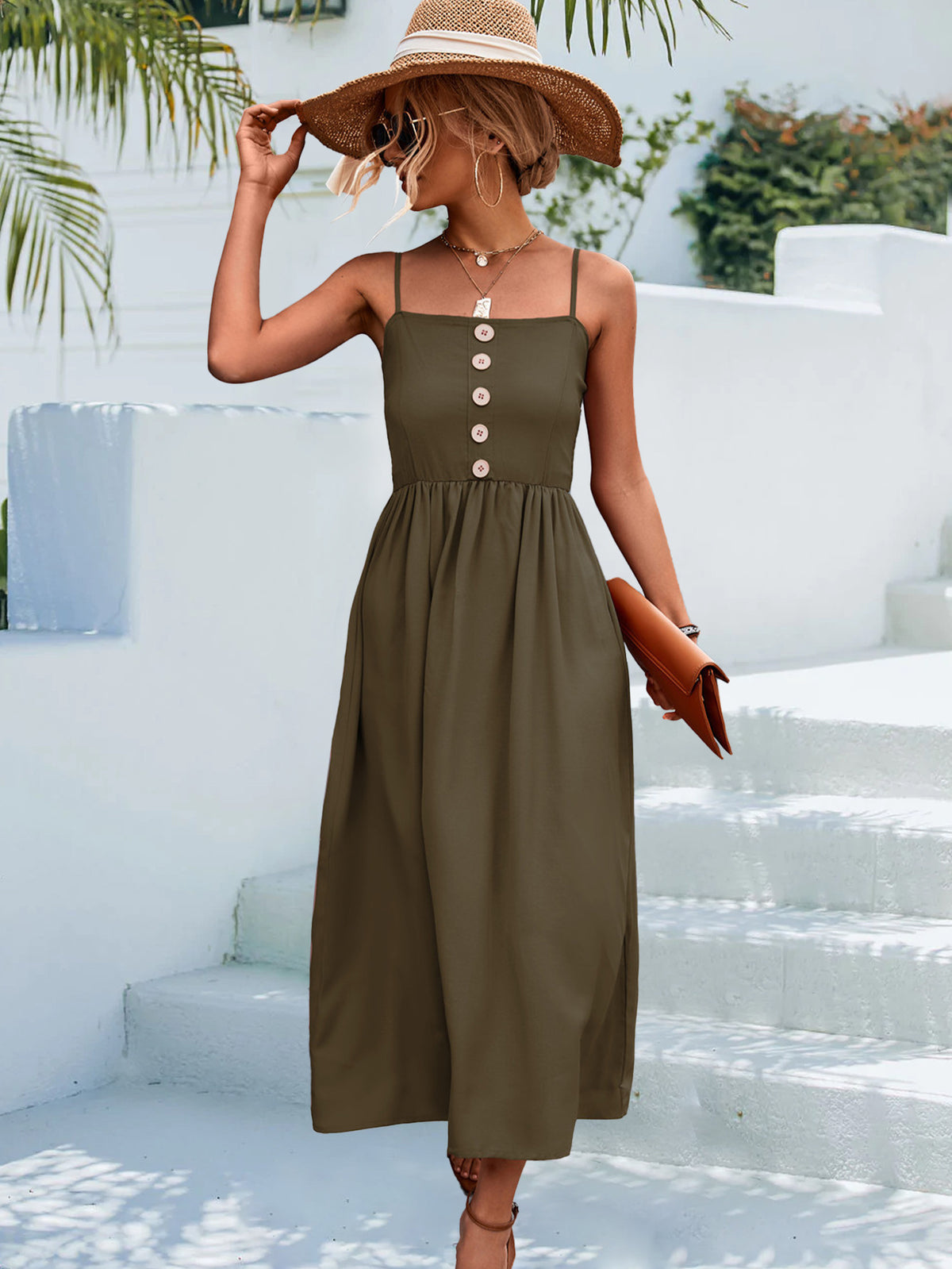 Decorative Button Spaghetti Strap Midi Dress