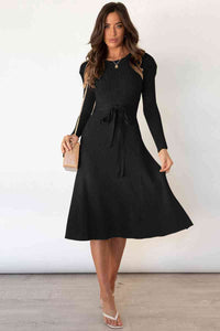 Round Neck Long Sleeve Tie Waist Sweater Dress