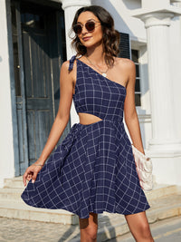 Grid One-Shoulder Tied Cutout Dress