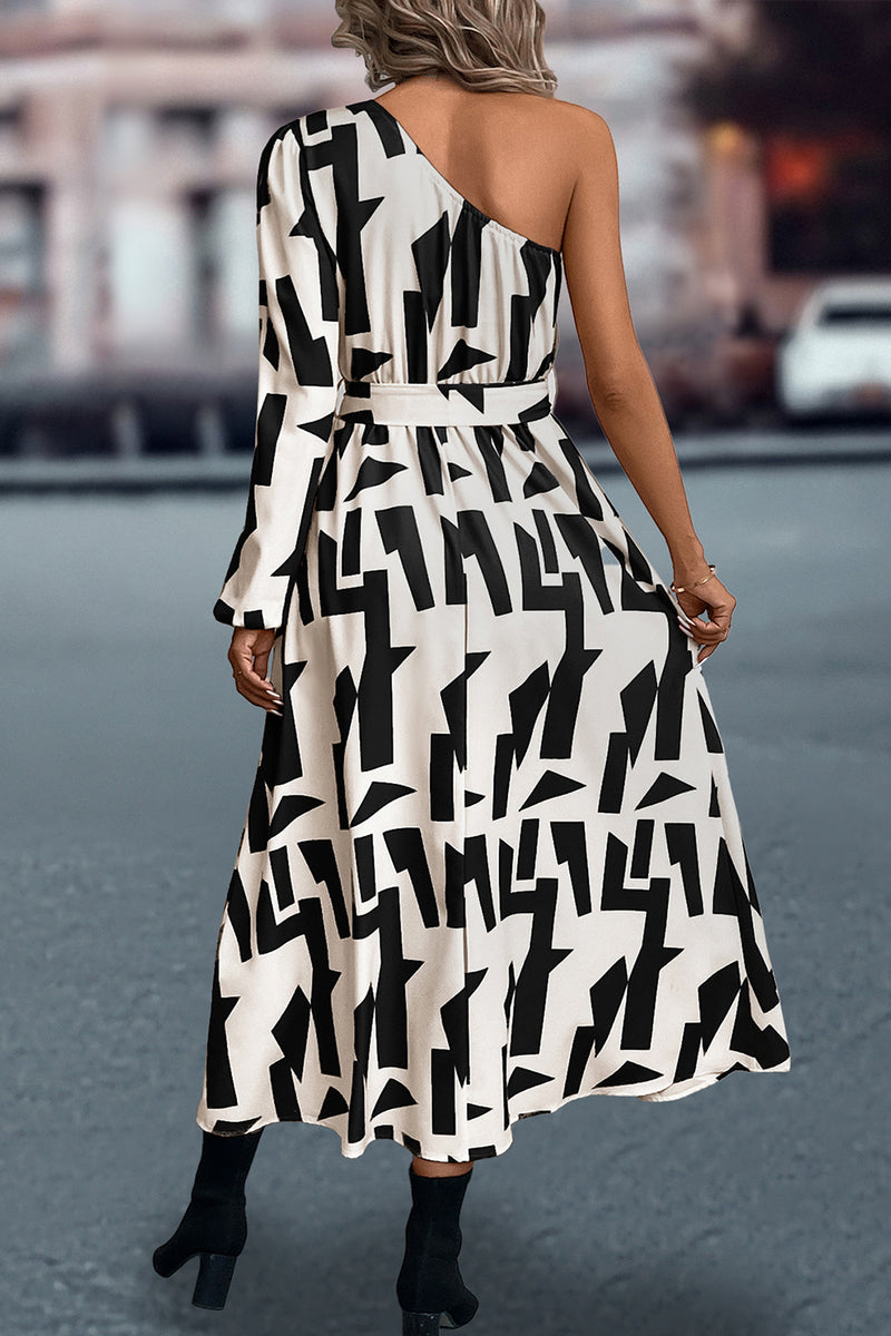 Printed One-Shoulder Tie Waist Dress