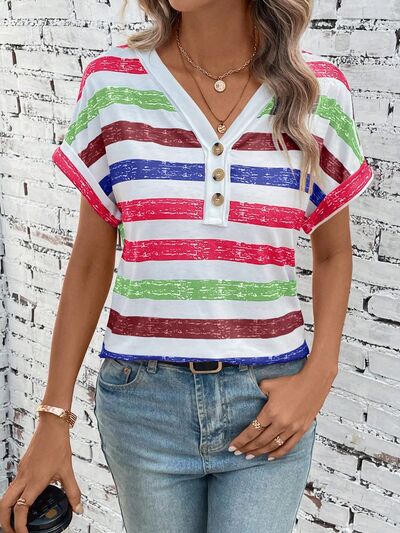 Striped V-Neck Short Sleeve T-Shirt