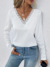 Waffle-Knit Lace Detail V-Neck Long Sleeve T-Shirt