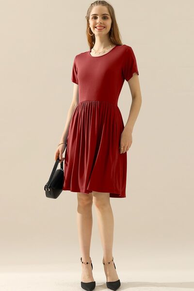 Ninexis Full Size Round Neck Ruched Dress with Pockets