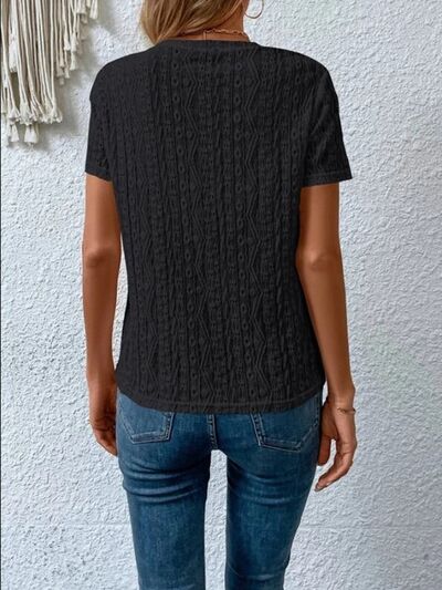 Eyelet Round Neck Short Sleeve T-Shirt