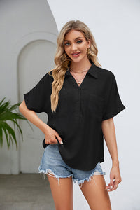 Half Button Johnny Collar Blouse