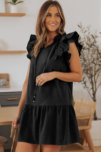 Ruffle Shoulder Tie-Neck Tiered Dress