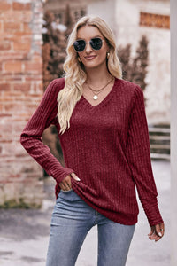 V-Neck Long Sleeve Ribbed Top