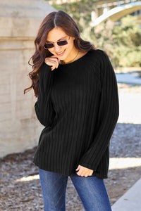 Basic Bae Full Size Ribbed Round Neck Long Sleeve Knit Top