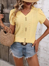 Eyelet V-Neck Petal Sleeve T-Shirt