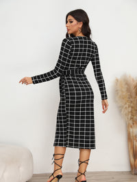 Plaid Long Sleeve Slit Dress