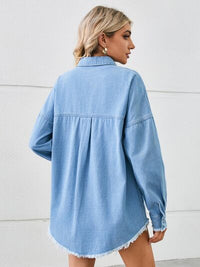 Distressed Raw Hem Dropped Shoulder Denim Jacket