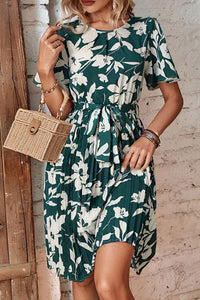 Floral Round Neck Tie Belt Pleated Dress