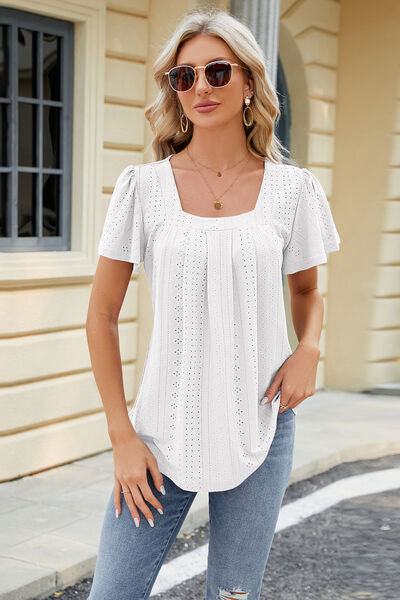 Eyelet Square Neck Short Sleeve T-Shirt