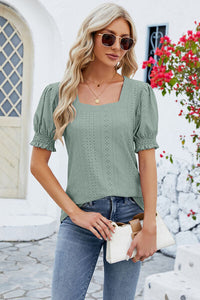 Eyelet Square Neck Short Sleeve T-Shirt