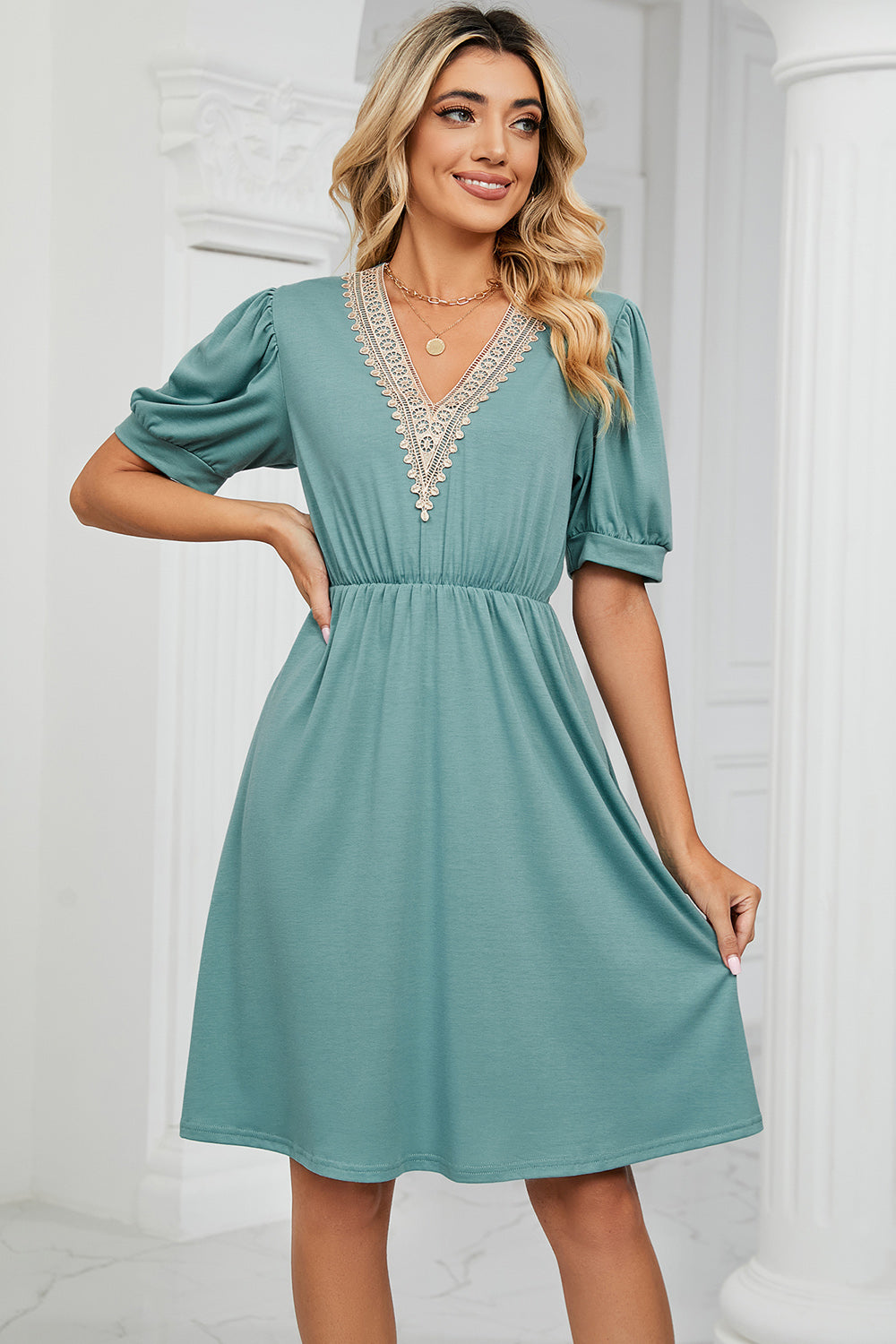 V-Neck Puff Sleeve Dress