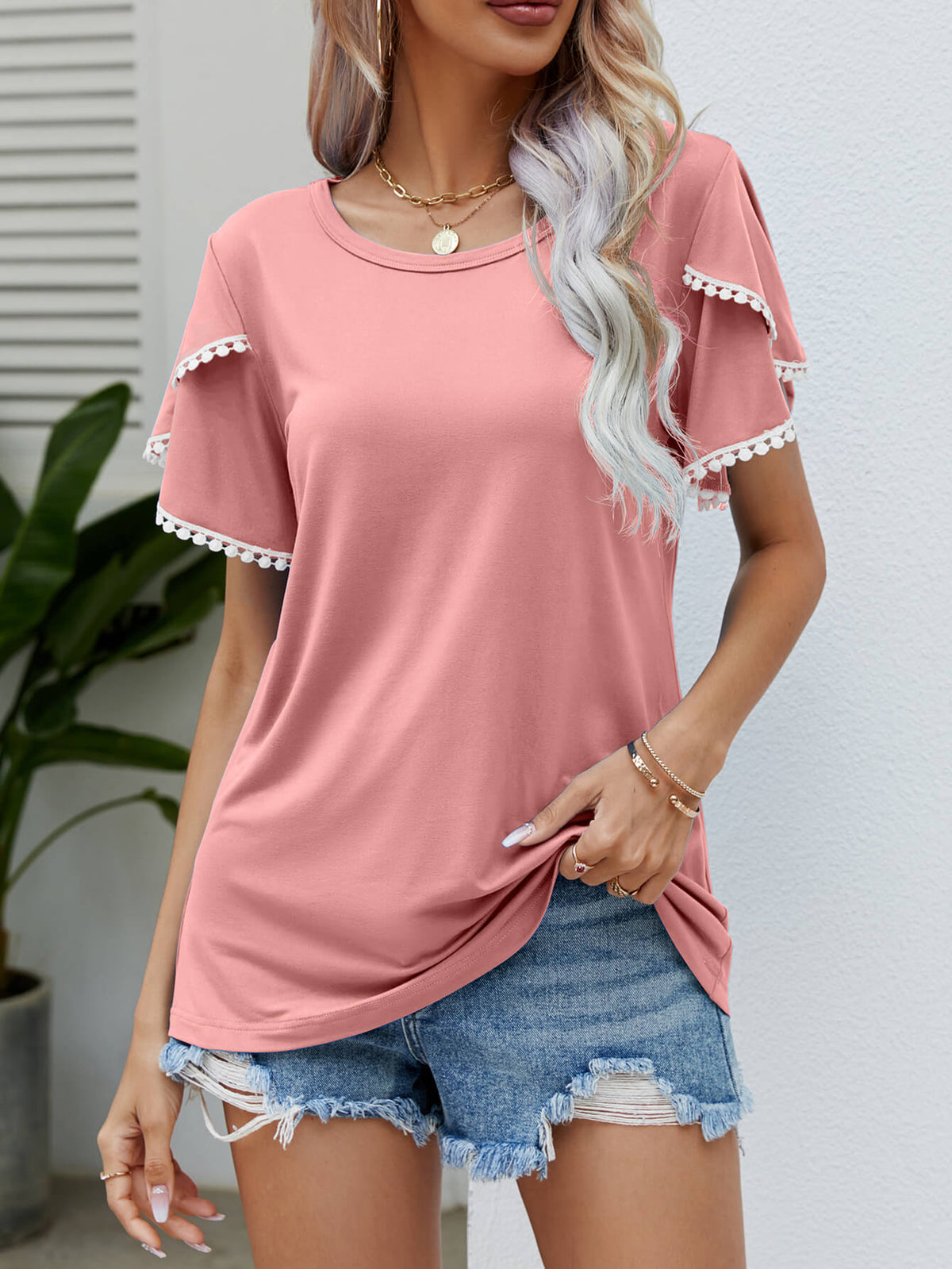 Pom-Pom Trim Flutter Sleeve Round Neck Tee