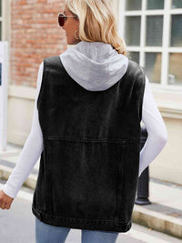 Drawstring Hooded Sleeveless Denim Jacket