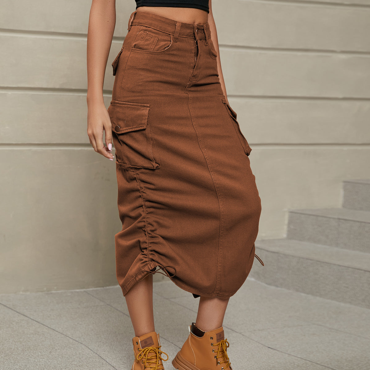 Drawstring Ruched Slit Denim Midi Skirt