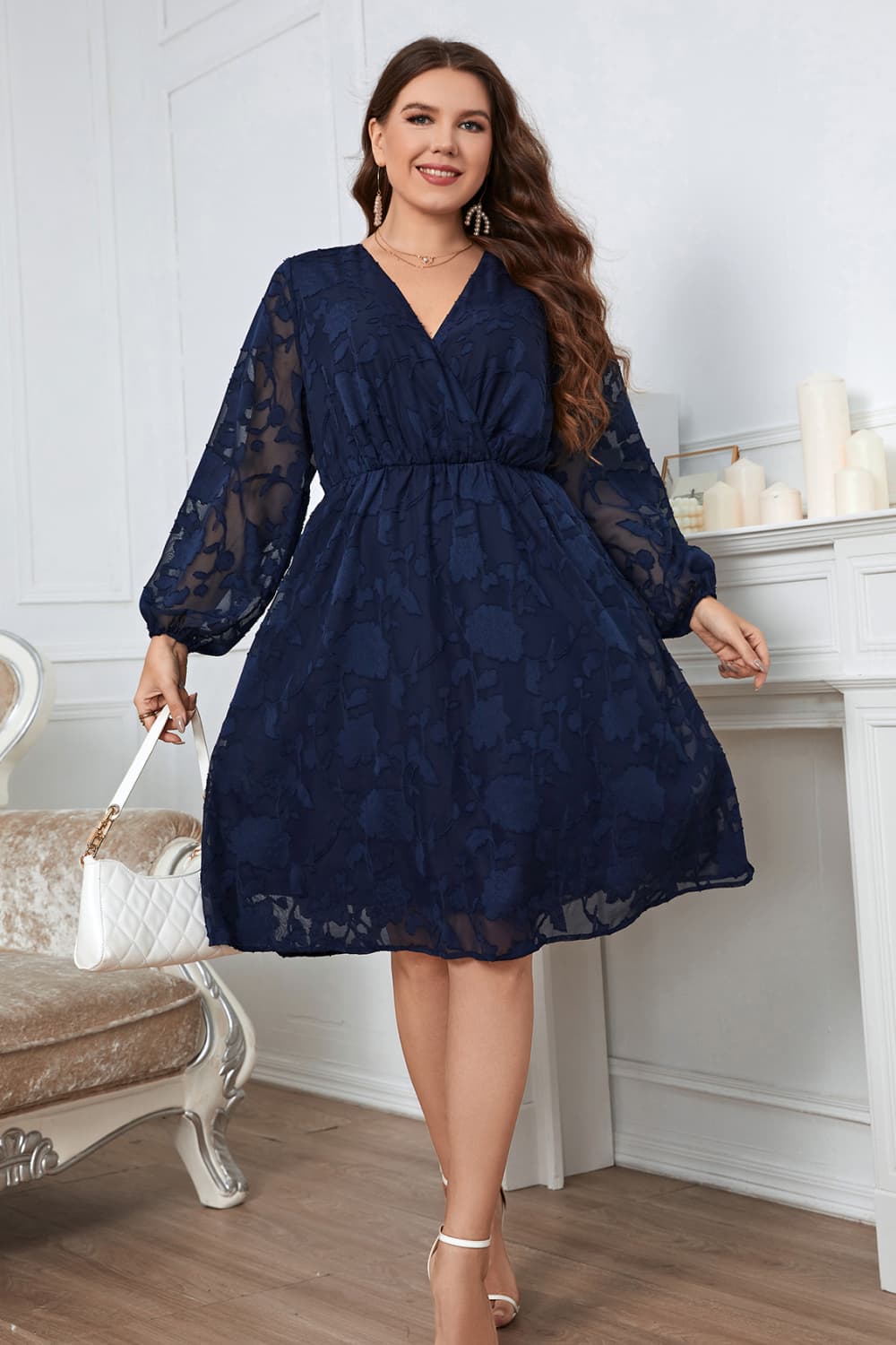 Plus Size Surplice Neck Balloon Sleeve Dress