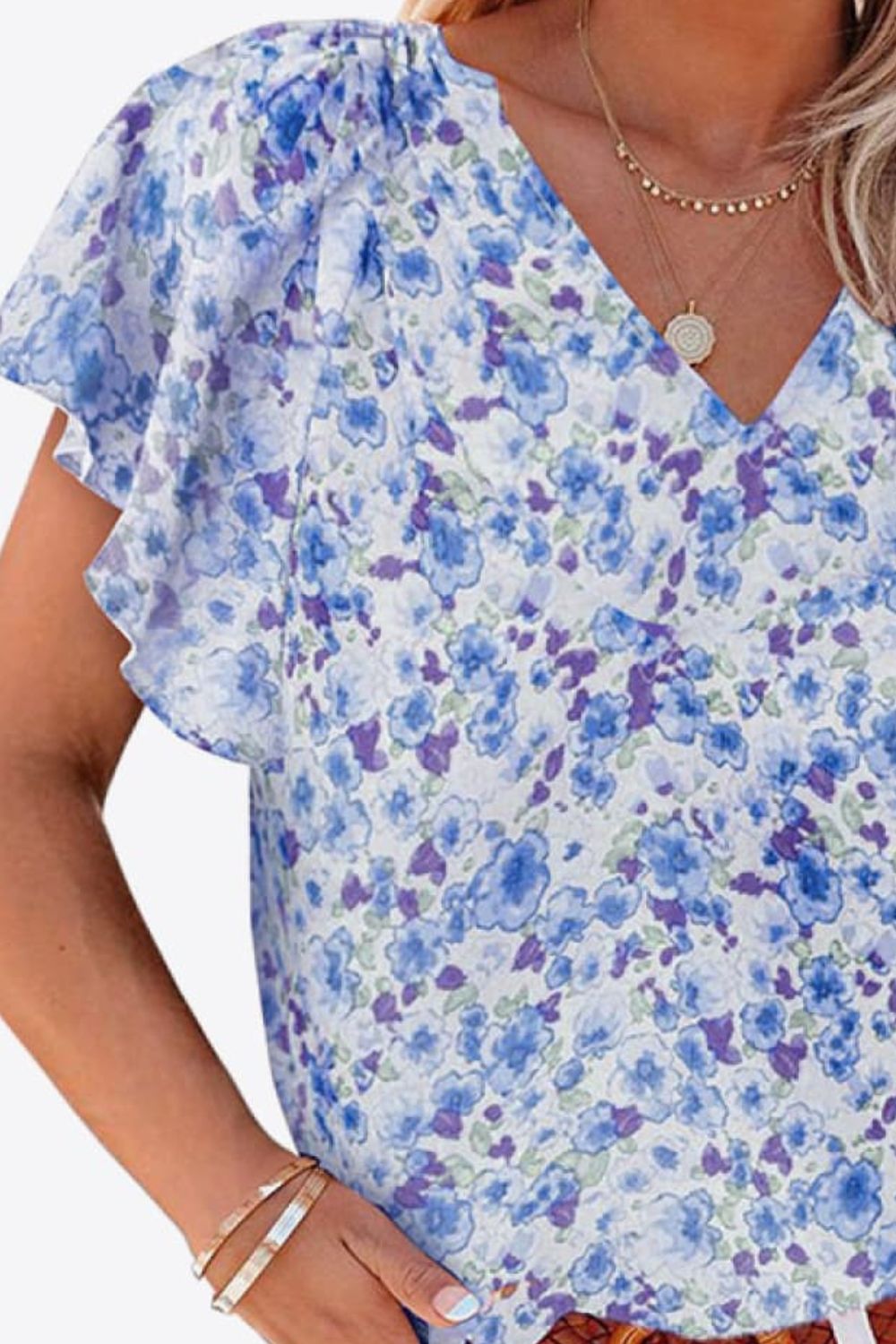 Floral V-Neck Flutter Sleeve Blouse