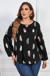 Plus Size Printed Round Neck Long Sleeve Cutout Blouse