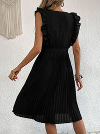 Buttoned Ruffle Trim Belted Pleated Dress