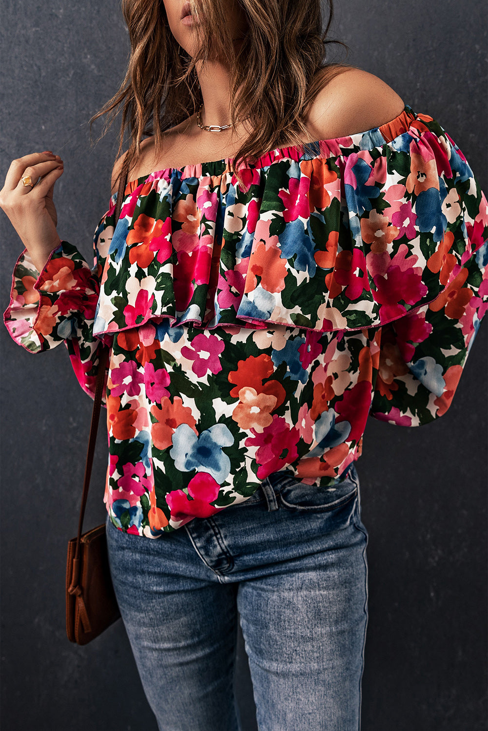 Floral Off-Shoulder Flounce Sleeve Layered Blouse