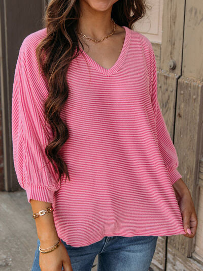 Striped V-Neck Raglan Sleeve T-Shirt