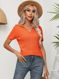 Cable-Knit Johnny Collar Short Sleeve Knit Top