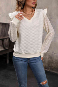 V-Neck Ruffle Trim Long Sleeve Sweatshirt