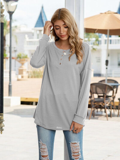 Quarter Button Round Neck Dropped Shoulder T-Shirt