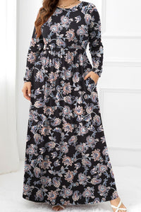 Plus Size Round Neck Long Sleeve Maxi Dress with Pockets