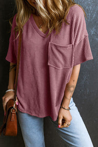 Textured V-Neck Dropped Shoulder T-Shirt