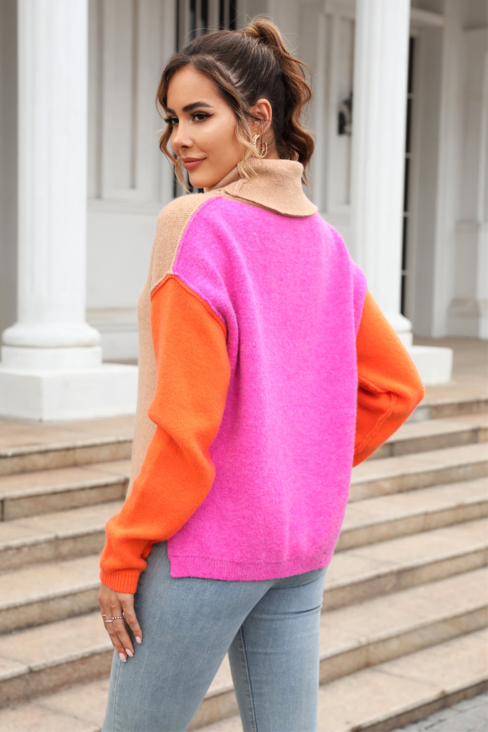 Color Block Turtleneck Slit Sweater