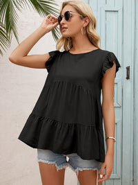 Round Neck Flutter Sleeve Tiered Blouse