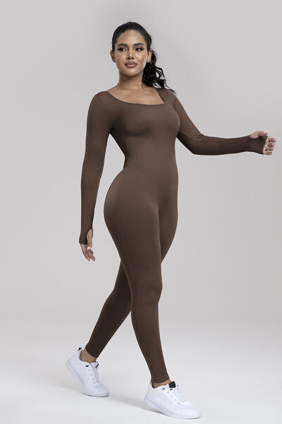 Square Neck Long Sleeve Active Jumpsuit