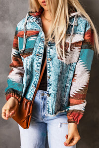 Drawstring Hooded Pocketed Denim Jacket